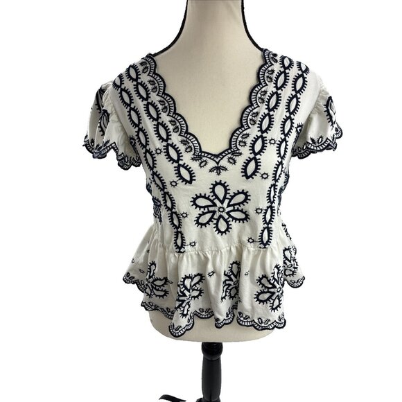 Express Womens XS White Blue Embroidered Peplum Short Sleeve Top - Picture 1 of 6